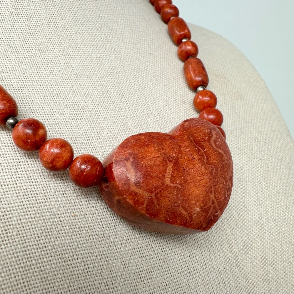 Red Sponge Coral Chunky Heart Beaded 925 Sterling Silver Necklace - Picture 3 of 6